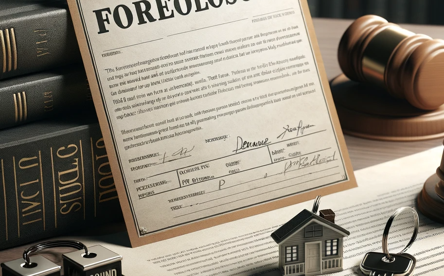 Foreclosure document on desk alongside house keys, keychain, and law books.